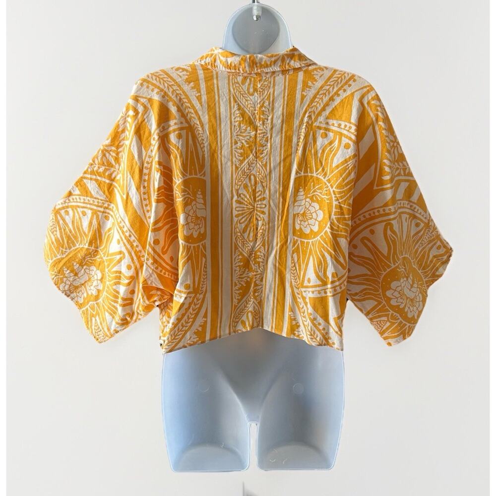 C&C California Linen Cropped Tie Front Blouse Womens Large Yellow Boho Summer - Picture 2 of 13